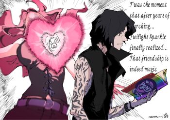 1boy 1girl arm_tattoo artist_name bare_arms bare_shoulders belt black_hair black_shirt breasts commentary devil_may_cry_(series) devil_may_cry_5 english_text harutimu heart highres hololive hololive_english large_breasts long_hair lovestruck mori_calliope my_little_pony my_little_pony:_friendship_is_magic pink_hair shirt simple_background sleeveless sleeveless_shirt tattoo twitter_username v_(devil_may_cry) virtual_youtuber white_background wristband