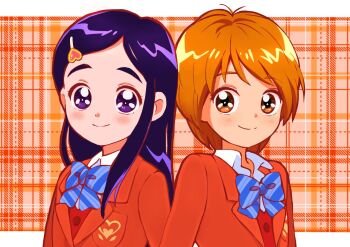 Rule 34 | 2girls, blazer, blue bow, blue bowtie, blue eyes, blue hair, bow, bowtie, brown eyes, brown hair, dress bow, emblem, futari wa precure, hair ornament, hairclip, heart, heart hair ornament, jacket, kyanos (b 0000ff), long hair, misumi nagisa, multiple girls, plaid background, precure, red background, red jacket, red vest, school uniform, shirt, short hair, side-by-side, straight hair, verone gakuin school uniform, vest, white shirt, wing collar, yukishiro honoka