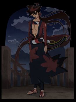 1boy black_eyes black_hair black_hakama bridge cloud commentary_request detached_sleeves expressionless faux_figurine full_body hair_between_eyes hakama hakama_skirt hakka_oishie head_tilt highres jacket japanese_clothes katanagatari leaf_print long_hair looking_at_viewer low_ponytail male_focus maple_leaf_hair_ornament maple_leaf_print night open_clothes open_jacket ponytail print_hakama red_jacket red_sleeves sandals skirt sky sleeveless sleeveless_jacket solo standing very_long_hair wooden_bridge yasuri_shichika