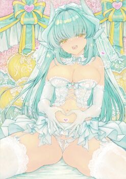 1girl absurdres breasts bride chikinan_tarou dress fate/grand_order fate_(series) garter_straps green_hair heart heart-shaped_pupils highres horns kiyohime_(fate) lingerie long_hair looking_at_viewer medium_breasts open_mouth orange_eyes painting_(medium) panties pearl_thong smile solo spread_legs sweat symbol-shaped_pupils thighhighs traditional_media underwear uterus_pose watercolor_(medium) wedding_dress white_panties