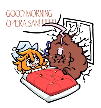 2girls ahoge animal_ears black_eyes blue_hat chibi ear_covers english_text futon hair_between_eyes hairband happy hat horse_ears horse_girl huge_ahoge long_hair_between_eyes looking_at_another medium_hair meisho_doto_(umamusume) messy_hair multiple_girls nightcap open_mouth orange_hair pikminpreggedup pink_hairband pom_pom_(clothes) purple_eyes scared simple_background speech_bubble t.m._opera_o_(umamusume) trembling umamusume under_covers white_background window