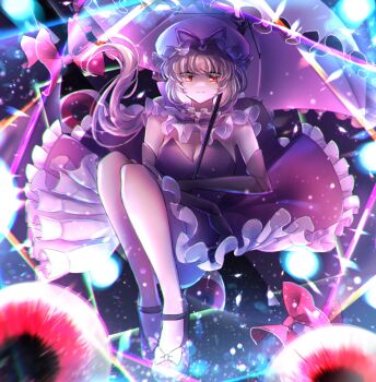 1girl black_background black_gloves black_shoes blonde_hair bow bowtie breasts cleavage collar commentary_request danmaku disembodied_eye dress elbow_gloves footwear_bow frilled_collar frilled_dress frills gap_(touhou) gloves hat hat_ribbon holding holding_umbrella knees large_breasts light_particles light_smile long_hair mob_cap parasol purple_bow purple_bowtie purple_dress purple_ribbon red_bow red_eyes ribbon shoes solo square touhou umbrella white_bow white_hat yakumo_yukari zukapin