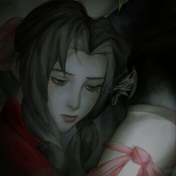 1boy 1girl absurdres aerith_gainsborough arm_ribbon armor blonde_hair brown_hair closed_mouth cloud_strife couple fenrir_(final_fantasy) final_fantasy final_fantasy_vii final_fantasy_vii_advent_children green_eyes hair_ribbon half-closed_eyes hetero highres hug jacket liunennim long_hair parted_bangs pauldrons pink_ribbon red_jacket ribbon shoulder_armor sidelocks single_pauldron upper_body