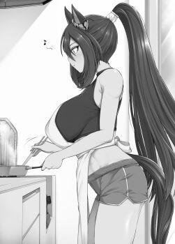 1girl animal_ears apron breasts chopsticks closed_mouth commentary_request cooking cowboy_shot crop_top dolphin_shorts frying_pan greyscale high_ponytail highres hishi_amazon_(umamusume) holding holding_chopsticks holding_frying_pan horse_ears horse_girl horse_tail indoors kitchen large_breasts long_hair midriff monochrome musical_note ponytail profile shorts smile solo tail tank_top tenko_(raimugi666) textless_version umamusume very_long_hair