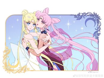 2girls absurdly_long_hair absurdres artist_request bare_arms bare_shoulders bishoujo_senshi_sailor_moon black_lady_(sailor_moon) black_moon_clan blue_eyes bracelet breasts brown_dress chibi_usa crown dark_persona double_bun dress earrings expressionless eyebrows_hidden_by_hair facial_mark floating_hair forehead_mark grin hair_bun hair_ornament head_tilt highres hug incest jewelry lipstick long_dress long_hair long_sleeves makeup medium_breasts mother_and_daughter multiple_girls nail_polish neck neo_queen_serenity non-web_source off-shoulder_dress off_shoulder parted_bangs parted_lips pink_lips red_eyes red_lips red_nails ring side_slit smile standing strapless strapless_dress tsukino_usagi twintails very_long_hair white_dress white_nails yuri