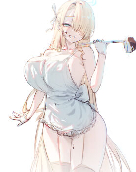 1girl alternate_costume apron asuna_(blue_archive) back_bow bare_arms bare_shoulders blue_archive blue_halo blue_ribbon bow breasts bright_pupils brown_thighhighs chocolate chocolate_on_body chocolate_on_face collarbone commentary cowboy_shot dated_commentary english_commentary food food_on_body food_on_face frilled_apron frills garter_straps geonjeonji gloves grin hair_over_one_eye hair_ribbon half-closed_eyes halo hand_up highres holding holding_ladle huge_breasts ladle long_hair looking_at_viewer naked_apron one_eye_covered parted_lips ribbon sideboob simple_background sketch smile solo standing strap_slip thighhighs very_long_hair white_apron white_background white_bow white_gloves white_pupils
