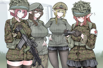 4girls ammunition_pouch assault_rifle belt beret black_pantyhose black_thighhighs blonde_hair blue_eyes braid braided_ponytail breasts brown_eyes brown_hair brown_hat bullpup camouflage camouflage_jacket camouflage_pants combat_helmet combat_medic confused covered_navel cross epaulettes flying_sweatdrops glaring green_jacket green_pants green_skirt grey_hair grey_hat grey_sweater gun hair_over_shoulder hand_on_own_hip handgun hands_on_own_hips hat helmet highres holding holding_gun holding_magazine_(weapon) holding_weapon huge_breasts jacket large_breasts long_hair looking_at_another m4skedboi magazine_(weapon) military military_hat multiple_girls original pants pantyhose parted_lips peaked_cap pleated_skirt pointy_ears pouch red_cross red_cross_armband rifle shaded_face skirt standing sweater taut_clothes taut_sweater thighhighs weapon yellow_eyes zettai_ryouiki