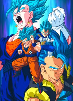 4boys black_vest blue_background blue_boots blue_eyes blue_hair blue_sash blue_shirt boots clenched_hand clenched_hands clenched_teeth cowboy_shot cropped_vest dougi dragon_ball dragon_ball_super dragon_ball_super_broly fighting_stance full_body gloves gogeta highres male_focus medium_hair metamoran_vest multiple_boys muscular muscular_male no_shirt open_mouth orange_pants orange_shirt pants powering_up saiyan_armor sash shirt smirk son_goku spiked_hair super_saiyan super_saiyan_blue taidon0879 teeth vegeta vegetto vest white_boots white_gloves