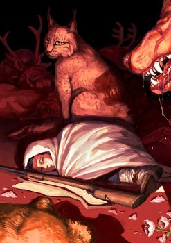 1boy animalization bandaged_leg bandages bear black_eyes black_hair cloak closed_mouth commentary_request expressionless facial_hair facial_scar fangs flower goatee golden_kamuy growling gun hair_slicked_back highres hood hood_up hooded_cloak looking_at_viewer lying lynx male_focus ogata_hyakunosuke on_ground on_side one_eye_closed osakanaman_7 reindeer rifle saliva scar scar_on_cheek scar_on_face shadow shoes short_hair solo sugimoto_saichi symbolism weapon white_cloak white_flower wolf