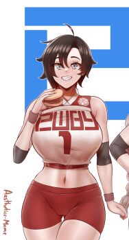 1girl absurdres aestheticc-meme ahoge artist_name bare_shoulders black_hair breasts cropped curvy elbow_pads food gluteal_fold gradient_hair burger highres holding large_breasts looking_at_viewer midriff multicolored_hair navel red_hair ruby_rose rwby short_hair grey_eyes smile solo sportswear stomach thick_thighs thigh_gap thighs third-party_edit wide_hips wristband
