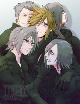 5boys absurdres arm_around_neck black_gloves black_jacket blonde_hair blue_eyes closed_eyes cloud_strife earrings elsass eyelashes final_fantasy final_fantasy_vii final_fantasy_vii_advent_children gloves grey_hair happy highres holding hug jacket jewelry kadaj long_hair loz male_focus multiple_boys open_mouth possessive sephiroth sephiroth_(ever_crisis) sephiroth_(remnant_suit) short_hair single_earring slit_pupils spiked_hair sweatdrop yaoi yazoo