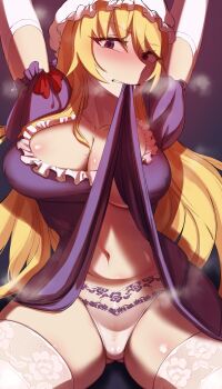 1girl arms_up biting biting_clothes blonde_hair blush breasts cleavage clenched_teeth clothes_lift collarbone covered_erect_nipples cowboy_shot dress dress_lift elbow_gloves embarrassed eyelashes female_focus female_pubic_hair frilled_dress frills gloves gradient_background hat huge_breasts lifting_own_clothes long_hair looking_at_viewer navel panties pubic_hair purple_background purple_dress purple_eyes scared short_sleeves simple_background solo squid_balm teeth thighhighs thighs touhou underwear white_gloves white_hat white_panties white_thighhighs yakumo_yukari