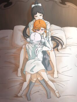 3girls arashi_chisato barefoot black_hair black_socks bow commentary double_bun girl_sandwich hair_bow hair_bun hazuki_ren highres hug hug_from_behind long_hair love_live! love_live!_superstar!! multiple_girls necosaghi no_shoes on_bed open_mouth orange_hair pillow ponytail sandwiched shibuya_kanon shirt smile socks symbol-only_commentary white_bow white_hair white_shirt yellow_eyes yuri