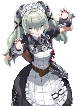 1girl absurdres apron belt black_dress black_necktie chain claw_pose corin_wickes dress green_hair hairband hashtag-only_commentary highres long_hair looking_at_viewer maid maid_apron maid_headdress metal_hairband metal_wrist_cuffs necktie open_mouth purple_eyes riarts16 screw_hair_ornament simple_background solo twintails twitter_username white_apron white_background zenless_zone_zero