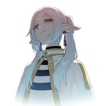 1girl backlighting blue_eyes closed_mouth commentary_request disgust elf empty_eyes frieren glaring hair_over_shoulder half-closed_eyes in_(ain) looking_at_viewer medium_hair meme pointy_ears scowl simple_background solo sousou_no_frieren thick_eyebrows twintails upper_body upward_angle_frieren_drawing_(meme) white_background white_hair