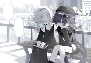 1cyaya1 2girls absurdres animal_ears bench black_bow black_coat black_dress black_hat blank_speech_bubble book bow braid building cat_ears cat_girl cat_tail coat commentary_request dress feet_out_of_frame grey_eyes grey_hair hair_bow hat head_rest highres holding holding_book ino_(1cyaya1) long_dress long_hair long_sleeves looking_at_another merlot_(1cyaya1) multiple_girls muted_color open_mouth original outdoors pinstripe_coat purple_eyes purple_hair railing smile speech_bubble tail