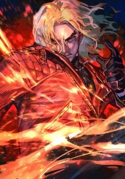 Rule 34 | 1boy, black gloves, black shirt, blonde hair, blue eyes, character request, copyright request, fire, gloves, hungry clicker, jacket, jewelry, male focus, medium hair, pendant, red jacket, shirt, solo, upper body