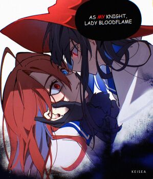 2girls ahoge black_hair blue_eyes blue_hair cloak commentary corruption elizabeth_rose_bloodflame enigmatic_recollection glowing glowing_eyes grabbing_another's_face head_grab heterochromia highres hololive hololive_english huge_ahoge keisea long_hair mole multicolored_hair multiple_girls nerissa_ravencroft open_clothes red_eyes red_hair virtual_youtuber white_cloak wide-eyed yuri
