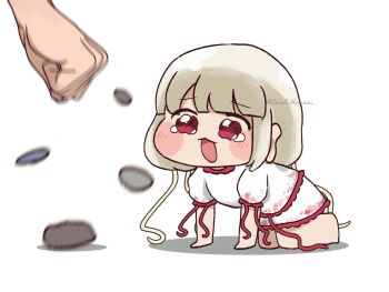 Rule 34 | 1girl, 1other, all fours, blunt bangs, blush, chibi, chibi only, commentary request, crying, crying with eyes open, dress, ebisu eika, esist hourai, frilled dress, frills, highres, meme, open mouth, pleading eyes, punching, red eyes, rock, short sleeves, simple background, solo focus, speakiposting (meme), tears, touhou, twitter username, white background, white dress