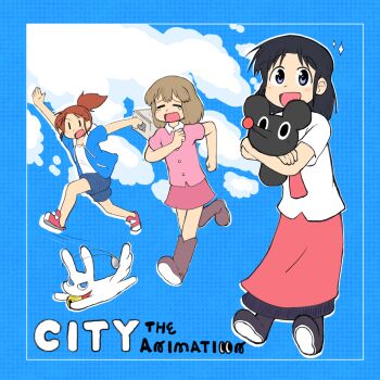 3girls =_= animal niikura_(city) black_hair black_shoes blonde_hair blue_background blue_eyes blue_hoodie blue_shorts boots border brown_boots brown_hair buttons cacctus32 cat city_(arawi_keiichi) cloud copyright_name crying highres holding holding_stuffed_toy hood hood_down hoodie izumi_wako jumping looking_at_viewer mimineko mob_face multiple_girls nagumo_midori necktie open_clothes open_hoodie open_mouth pink_shirt pink_shorts ponytail red_necktie red_shoes red_skirt running shirt shoes short_hair short_sleeves shorts skirt stuffed_toy tears white_border white_shirt |_|