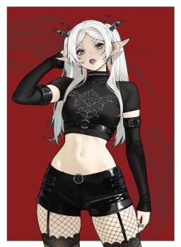 1girl absurdres arm_belt artist_name belt belt_around_waist black_shirt black_shorts border breasts commentary cowboy_shot cropped_shirt detached_sleeves earrings elf eyeshadow fishnet_pantyhose fishnets floating_earrings frieren garter_straps goth_fashion green_eyes grey_eyeshadow grey_lips grey_nails head_wings highres jewelry lace lace-trimmed_thighhighs lace_trim latex_shorts long_hair looking_at_viewer makeup midriff nail_polish navel o-ring o-ring_belt outside_border pantyhose parted_lips pointy_ears red_background ring shirt short_shorts short_sleeves shorts small_breasts solo sousou_no_frieren thick_eyebrows thighhighs tight_clothes tight_shirt twintails white_border white_hair wings yiiande