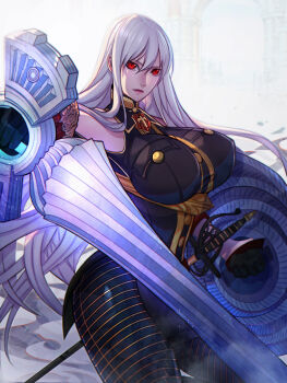 1girl absurdres alternate_breast_size bare_shoulders black_gloves black_pantyhose breasts gloves highres holding holding_polearm holding_shield holding_weapon lance large_breasts lips long_hair military_uniform pantyhose partially_shaded_face polearm red_eyes scabbard selvaria_bles senjou_no_valkyria senjou_no_valkyria_(series) senjou_no_valkyria_1 sheath shield skirt skirt_cutout solo sword thighs very_long_hair weapon white_hair xuuikie_ashe