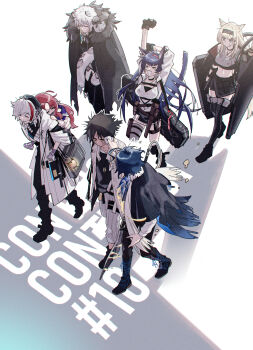 3girls 4boys animal_ears ant arknights arms_up bag bird black_hair blaze_(arknights) blonde_hair blue_hair bug cape carrying case cat_ears cat_girl cat_tail closed_eyes closed_mouth coat crop_top crow dark-skinned_male dark_skin dirty dirty_face elysium_(arknights) exhausted futaba_(futaba_uc) hairband highres horn_(arknights) insect long_hair lumen_(arknights) medium_hair multicolored_hair multiple_boys multiple_girls myrtle_(arknights) navel open_mouth piggyback pointy_ears red_hair satchel shield shirt short_hair silverash_(arknights) single_thighhigh skirt sleepy staff stretching sweatdrop tail thighhighs thorns_(arknights) tiger_boy tiger_ears tiger_tail walking white_hair wiping_face wolf_ears wolf_girl yellow_eyes