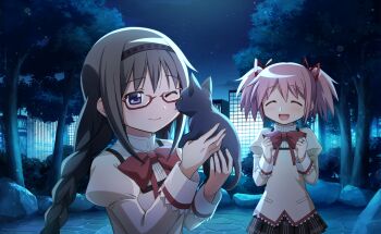 2girls :d ;) ^_^ akemi_homura amy_(madoka_magica) animal artist_request baby_animal black_cat black_hair black_hairband black_skirt bow bowtie braid building bush cat city clenched_hands closed_eyes closed_mouth cobblestone collared_shirt cowboy_shot dot_nose fingernails game_cg glasses hair_ribbon hairband happy high_collar highres holding holding_animal holding_cat jewelry juliet_sleeves kaname_madoka kitten lace lace-trimmed_shirt lace-trimmed_sleeves lace_trim light_blush long_hair long_sleeves looking_at_another low_twin_braids mahou_shoujo_madoka_magica mahou_shoujo_madoka_magica_(anime) mahou_shoujo_madoka_magica_magia_exedra miniskirt mitakihara_school_uniform multiple_girls night official_art one_eye_closed open_mouth outdoors park path pink_hair plaid_clothes plaid_skirt pleated_skirt pocket puffy_sleeves purple_eyes red-framed_eyewear red_bow red_bowtie red_ribbon ribbon ring road rock school_uniform shirt short_hair short_twintails skirt sky skyscraper smile standing star_(sky) starry_sky studded_hairband third-party_source tree twin_braids twintails upper_body very_long_hair yellow_shirt