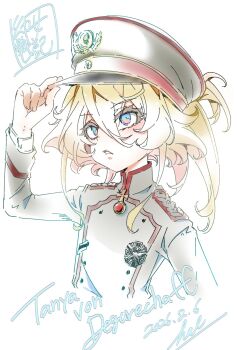Rule 34 | 1girl, blonde hair, blue eyes, commentary request, hair between eyes, hal (goshujinomocha), hat, high collar, highres, long hair, long sleeves, medal, military uniform, parted lips, peaked cap, shoulder boards, simple background, solo, tanya degurechaff, tanya degurechaff (anime), upper body, white background, youjo senki