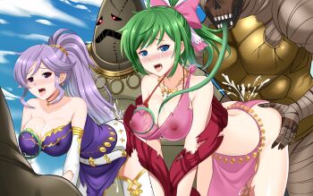 2girls absurdres all_fours bent_over blue_eyes boots bow breasts cleavage clothed_sex cum dress fire_emblem fire_emblem:_genealogy_of_the_holy_war gangbang grabbing_another&#039;s_ass green_hair groping group_sex highres ishtar_(fire_emblem) lene_(fire_emblem) long_tongue monster multiple_girls nintendo ponytail purple_eyes purple_hair rape sex tentacles the-sinner thigh_boots tongue torn_clothes undead zombie