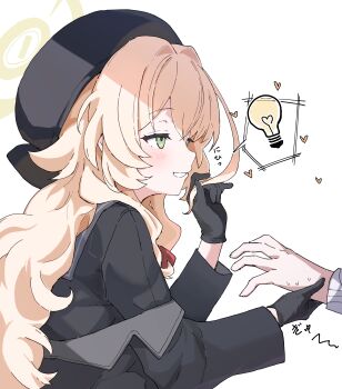 Rule 34 | 1girl, absurdres, black coat, black gloves, black hat, black shirt, blonde hair, blue archive, coat, gloves, green eyes, halo, hat, highres, light bulb, long sleeves, parted lips, professor niyaniya (blue archive), shirt, simple background, solo focus, speech bubble, spoken light bulb, textless version, transparent background, wavy hair, yellow halo, yucblossom