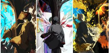 1girl 3boys absurdres black_coat black_hair broken_glass broken_wing brown_coat coat coat_on_shoulders commentary cow dongbaek_(project_moon) dongrang_(project_moon) e.g.o_(project_moon) english_commentary farmwatch_(e.g.o) flower fly_my_wings glass glass_shard grey_coat hat highres limbus_company mirror multiple_boys official_alternate_costume petals project_moon rice_hat sang_yi_(project_moon) sixgod spicebush_(e.g.o) tree white_hair yellow_flower yellow_petals yi_sang_(project_moon)