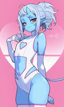 1girl :3 absurdres blue_hair blue_skin clothing_cutout colored_skin commentary demon_girl demon_horns earrings elbow_gloves english_commentary fingerless_gloves flat_chest gloves heart_cutout heattech_leotard highres hip_vent horns indie_virtual_youtuber jewelry kuu_(kuutuber) kuutuber leotard looking_at_viewer navel navel_cutout oni pink_background pointy_ears ponytail red_eyes solo thighhighs turtleneck virtual_youtuber white_leotard white_thighhighs