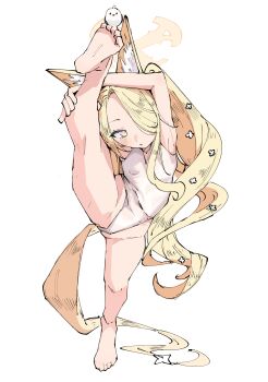 1girl absurdres animal_ear_fluff animal_ears arm_up bird blonde_hair blue_archive blush breasts covered_navel cross_halo diamond_cutout dot_nose feet fox_ears fox_girl fox_tail gradient_eyes hair_over_one_eye halo highleg highleg_one-piece_swimsuit highres holding_own_leg leg_up loli long_hair looking_at_viewer multicolored_eyes no_eyewear no_jacket one-piece_swimsuit one_eye_covered red_ribbon ribbon seia_(blue_archive) seia_(swimsuit)_(blue_archive) showtime775 side_ponytail simple_background small_breasts soles solo split standing standing_on_one_leg standing_split swimsuit tail tail_ornament thighs tit_(bird) toes triangle_mouth very_long_hair very_long_tail visor_cap white_background white_one-piece_swimsuit yellow_eyes yellow_halo