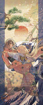 2girls animal_costume black_hair bokukawauso closed_eyes commentary_request floral_print grey_hair haruna_(kancolle) highres holding_hands horse_costume japanese_clothes kantai_collection kimono long_hair mikura_(kancolle) multiple_girls otter red_kimono sun tree watermark wss_(nicoseiga19993411)