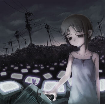 1girl album_cover asymmetrical_sidelocks black_eyes brown_hair commentary_request cover crt dress dutch_angle hair_ornament hairclip iwakura_lain kikai_(akita_morgue) looking_at_object looking_down night outdoors overcast power_lines serial_experiments_lain short_hair sidelocks sky sleeveless sleeveless_dress solo spaghetti_strap strap_slip surreal upper_body utility_pole white_dress