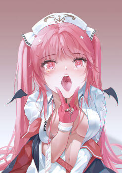 1girl absurdres ayachimikami azur_lane blush breasts center_opening commentary_request gloves half_gloves hat highres long_hair looking_at_viewer medium_breasts nurse nurse_cap official_alternate_costume open_mouth oral_invitation perseus_(azur_lane) perseus_(unfamiliar_duties)_(azur_lane) pink_eyes pink_gloves solo tongue tongue_out twintails white_hat