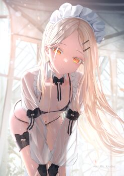 1girl arm_bow armband artist_name backlighting bent_over bikini black_bikini black_bow black_bowtie black_gloves blonde_hair bow bowtie breasts closed_mouth collarbone colored_eyelashes commentary detached_collar english_commentary floating forehead frilled_headwear gakuen_idolmaster gloves hair_ornament hairclip highres idolmaster indoors kayjae lens_flare light_particles long_hair long_sleeves looking_at_viewer maid maid_headdress micro_bikini navel orange_eyes parted_bangs plant see-through_clothes see-through_sleeves shinosawa_hiro small_breasts solo standing stomach string_bikini swimsuit thick_eyelashes thigh_bow thighs v_arms very_long_hair white_eyelashes white_headdress window