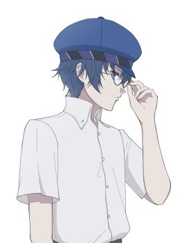 1boy adjusting_eyewear androgynous blue_eyes blue_hair buttons closed_mouth collared_shirt commentary glasses hat highres persona persona_4 reverse_trap shirogane_naoto shirt short_hair short_sleeves simple_background solo upper_body usa_(kawaii_152cm) white_background white_shirt