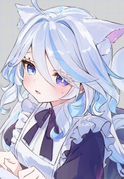 Rule 34 | 1girl, ahoge, alternate costume, animal ear fluff, animal ears, apron, black bow, black bowtie, black dress, blue eyes, blue hair, blue pupils, bow, bowtie, cat ears, commentary, dress, drop-shaped pupils, fang, frilled apron, frills, furina (genshin impact), genshin impact, grey background, grid background, hair between eyes, hair intakes, heterochromia, highres, kemonomimi mode, light blush, long hair, looking at viewer, maid apron, mismatched pupils, multicolored hair, open mouth, skin fang, solo, streaked hair, sweatdrop, symbol-shaped pupils, tennensui (midorinokaibutu4500), twitter username, upper body, white apron, white hair