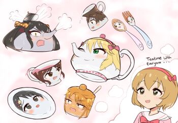 +_+ akagi_miria anger_vein angry black_eyes black_hair blonde_hair bow bowtie brown_eyes brown_hair commentary constricted_pupils creamer_(vessel) cup dress english_commentary english_text fang fork green_eyes hair_between_eyes hairband highres honeypot ichihara_nina idolmaster idolmaster_cinderella_girls idolmaster_cinderella_girls_u149 imagining kettle koga_koharu matoba_risa objectification one_eye_closed open_mouth orange_hair pink_background pink_bow pink_bowtie pink_dress pink_hairband psycho_orb ryuzaki_kaoru sakurai_momoka sasaki_chie saucer short_hair smile sparkling_eyes spoon steam tachibana_arisu teacup teapot upper_body what yuuki_haru