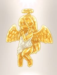 Rule 34 | 1girl, :3, angel, blonde hair, closed mouth, colored skin, commentary request, fake halo, full body, grey background, hair over eyes, halo, interlocked fingers, long bangs, long hair, monster girl, original, own hands together, shirosato, slime girl, smile, solo, toga, wings, yellow halo, yellow skin