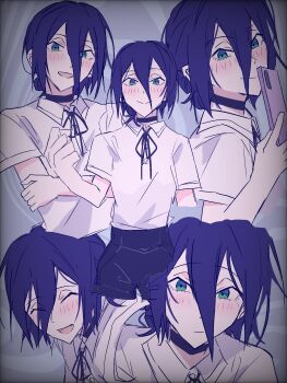 1girl black_choker black_ribbon black_shorts blush breasts chainsaw_man choker closed_eyes closed_mouth collared_shirt den_dendayo green_eyes grey_background hair_between_eyes hair_bun highres holding holding_phone laughing looking_at_viewer medium_breasts medium_hair multiple_views neck_ribbon open_mouth phone purple_hair reze_(chainsaw_man) ribbon shirt short_sleeves shorts smile solo updo upper_body white_shirt