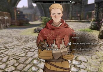 Rule 34 | 1boy, armor, armored gloves, blonde hair, blue eyes, blurry, blurry background, blush, breastplate, cape, closed mouth, commentary, crossed arms, dialogue options, english commentary, english text, hans capon, highres, jacket, kingdom come: deliverance, kingdom come: deliverance ii, looking at viewer, male focus, red cape, screenshot background, short hair, solo, the elder scrolls, the elder scrolls v: skyrim, tworain w, upper body, yellow jacket