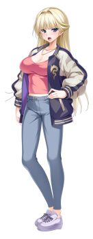 1girl blonde_hair blue_eyes blush breasts casual cleavage denim full_body game_cg hair_intakes half_updo hand_on_own_hip itakano_shigure jacket jeans jewelry kamitsurugi_ouka kouyoku_senki_exs-tia_concert large_breasts large_variant_set letterman_jacket long_hair long_sleeves looking_at_viewer midriff_peek necklace non-web_source official_art open_clothes open_jacket open_mouth pants shirt shoes sneakers solo standing tachi-e transparent_background variant_set