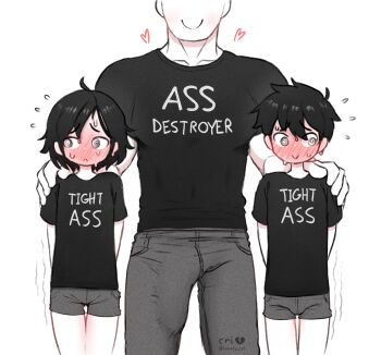1girl 2boys :> :< age_difference bisexual_male black_hair black_shirt blush boy_and_girl_sandwich bulge chest_height closed_mouth clothes_writing coordinated_clothes_writing cowboy_shot erection erection_under_clothes fingering fingering_through_clothes full-face_blush grey_pants grey_shorts hand_on_another's_shoulder heart height_difference highres loli lonely_cri3 multiple_boys onii-shota original pants raised_inner_eyebrows sandwiched shirt short_hair short_shorts short_sleeves shorts shota t-shirt through_clothes trembling