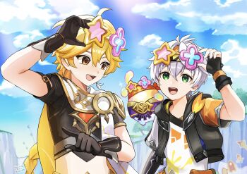 Rule 34 | 2boys, absurdres, aether (genshin impact), asha (genshin impact), bennett (adventures in blazing hue) (genshin impact), bennett (genshin impact), black gloves, black jacket, black shirt, blonde hair, braid, commentary request, crop top, earrings, eyewear on head, fingerless gloves, genshin impact, gloves, green eyes, hair between eyes, hair ornament, highres, jacket, jewelry, long hair, male focus, midriff, multiple boys, official alternate costume, okkobc, open mouth, scarf, shirt, short hair, star-shaped eyewear, star (symbol), white hair, white scarf, white shirt, yellow eyes