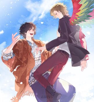 2boys animification ankh_(ooo) belt black_belt chinese_commentary closed_mouth commentary eye_contact feathered_wings highres hino_eiji jacket kamen_rider kamen_rider_ooo_(series) kei_(momojellyfish) layered_clothes long_sleeves looking_at_another male_focus multiple_boys open_clothes open_jacket open_mouth outdoors petals red_shorts shirt shorts sky smile teeth twitter_username watermark white_shirt wings