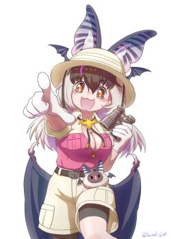 1girl absurdres animal_ears bag bat_ears bat_girl bat_wings belt binoculars breasts brown_eyes brown_hair brown_long-eared_bat_(kemono_friends) cleavage commentary_request extra_ears gloves grey_hair hat highres kemono_friends kemono_friends_v_project large_breasts leggings long_hair looking_at_viewer multicolored_hair neck_ribbon ribbon saival_cat shirt shorts simple_background solo streaked_hair virtual_youtuber wings
