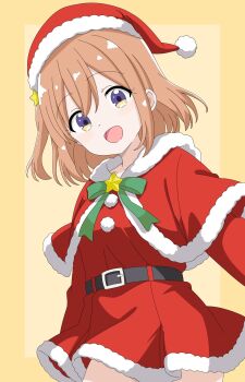 1girl belt blush christmas collarbone dot_nose dress feet_out_of_frame female_focus green_ribbon hair_between_eyes hair_ornament hat jin_1116 koisuru_asteroid konohata_mira legs looking_at_viewer multicolored_hair open_mouth orange_background orange_hair pom_pom_(clothes) ribbon santa_costume santa_dress santa_hat short_hair simple_background solo standing star_(symbol) star_hair_ornament